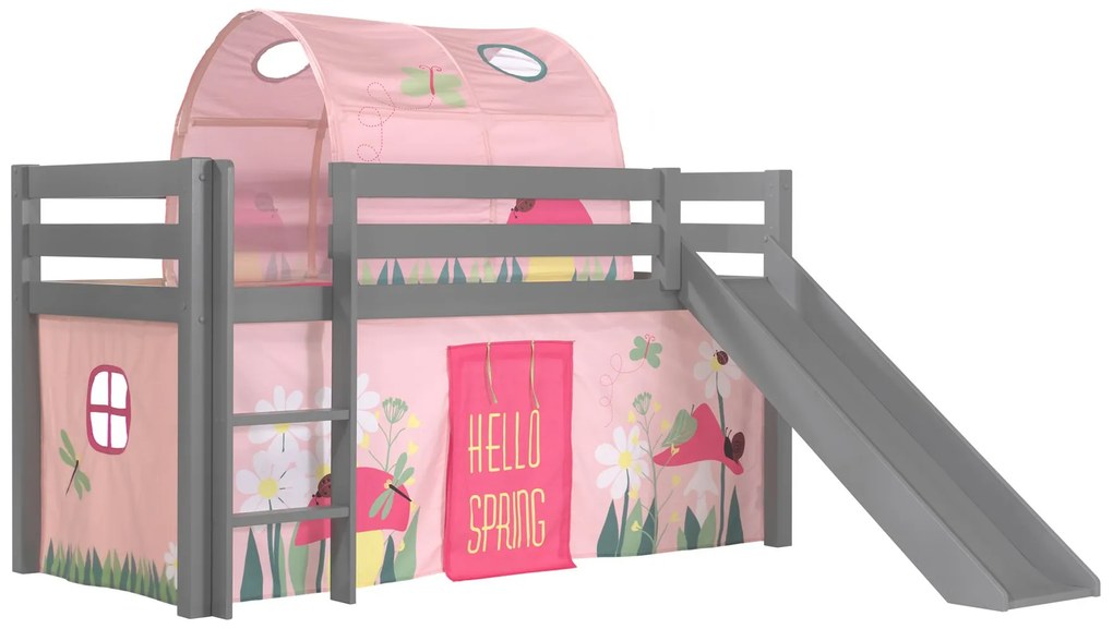 Conjunto Cama alta de Criança PINO 90 x 200 cm + estrado + escada + escorrega + tunel + cortina Primavera Cinzenta