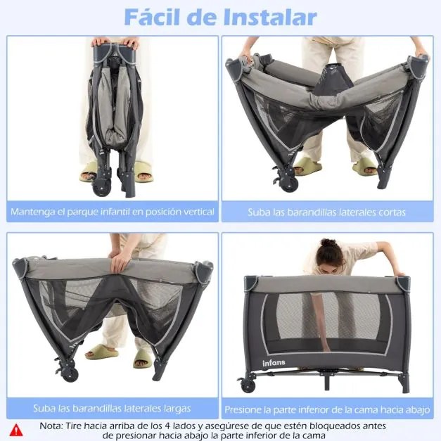 Berço com Centro de atividades 5 em 1 para bebés, parque e mesa para trocar fraldas. Inclui brinquedos suspensos, caixa de música, rodas e cesto. Pret