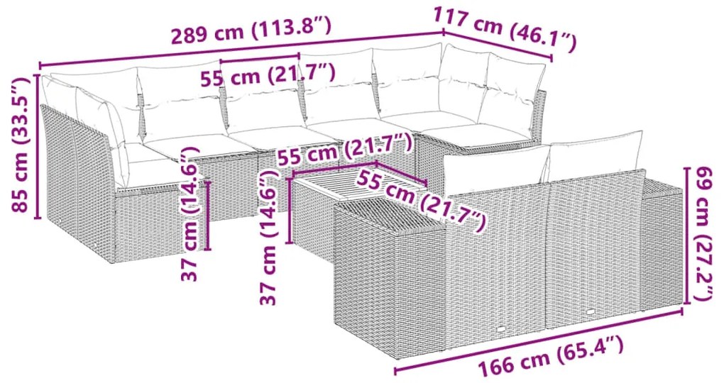 10 pcs conjunto de sofás p/ jardim com almofadões vime PE bege