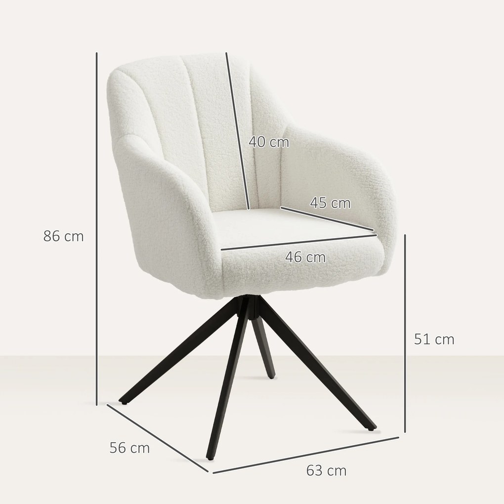 Poltrona de sala giratória, banco toucador estofada e de grande conforto, com base em aço e tecido com efeito de pelúcia branca