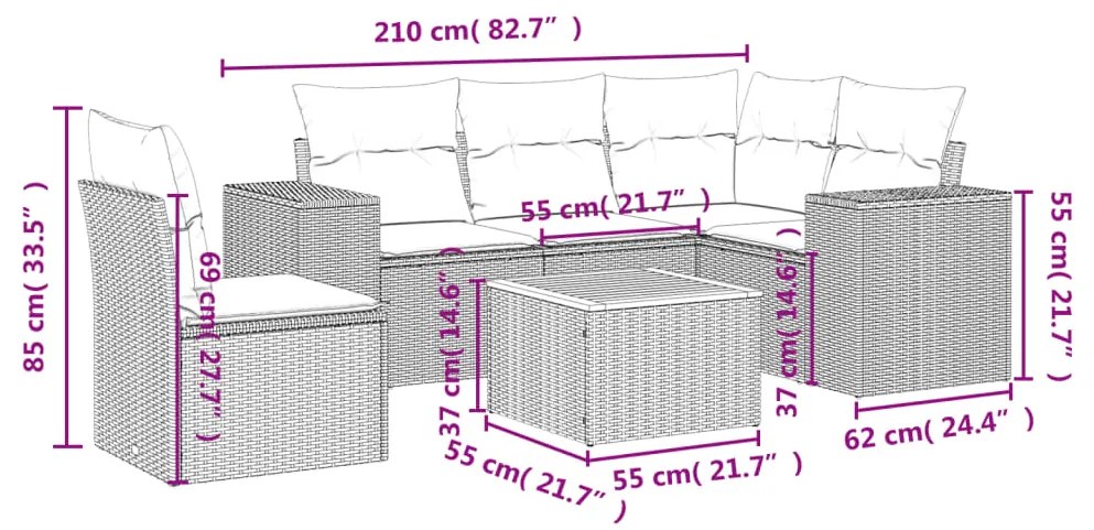 6 pcs conjunto sofás de jardim c/ almofadões vime PE preto