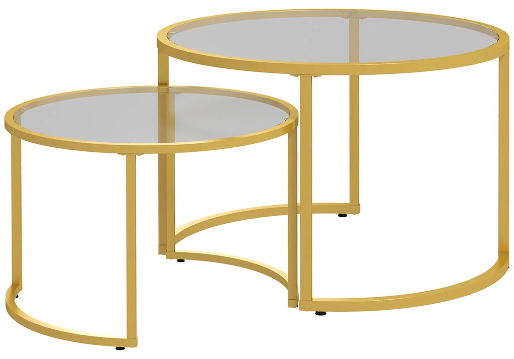 HOMCOM Conjunto de 2 Mesas de Apoio Redondas Tampo de Vidro Temperado e Pés em Aço Carbono Dourado | Aosom Portugal