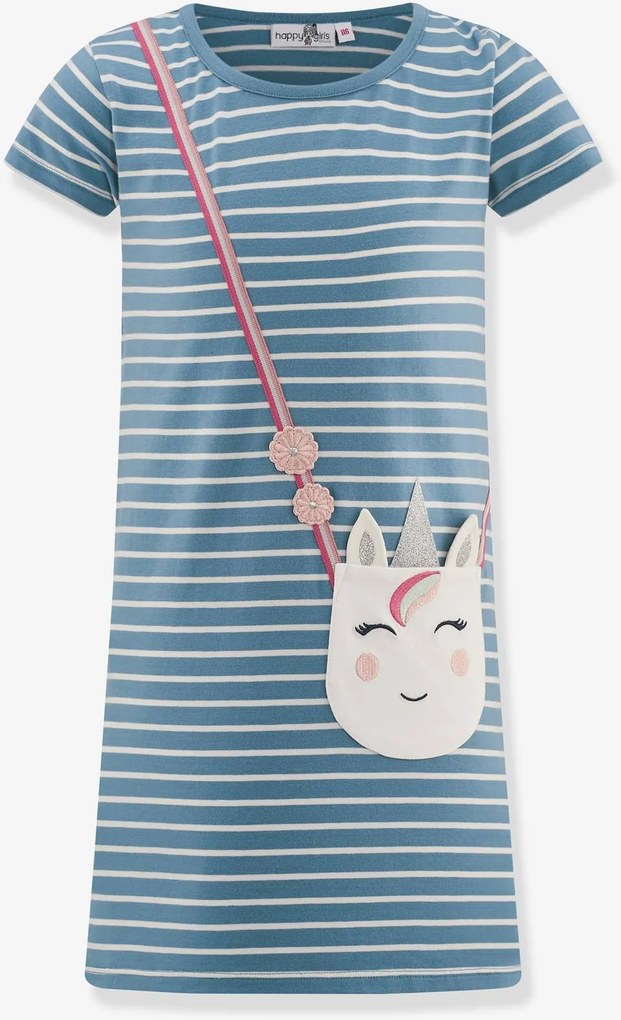 Vestido com unicórnio e riscas para menina Happy Girls azul-ardósia