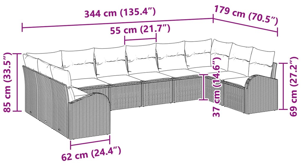 Conjunto de Sofá de Jardim de 10 Peças com Almofadas Preto Rattan Poli