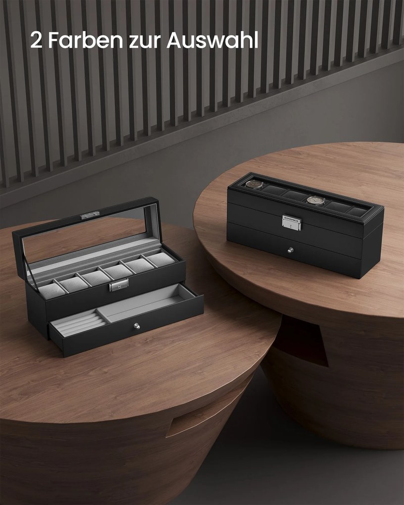 Caixa para relógios com 2 níveis 10 x 32,5 x 13,5 cm, revestimento em PU e forro interior em preto