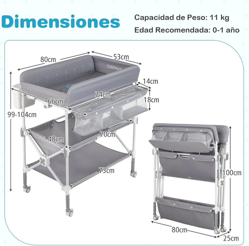 Mesa para trocar fraldas portátil dobrável com rodas impermeável altura ajustável e caixote do lixo para bebés Cinzento