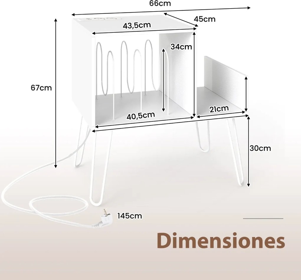 Móvel para gira-discos e discos de vinil com estação de carregamento 66 x 45 x 67 cm, Separador removível Branco