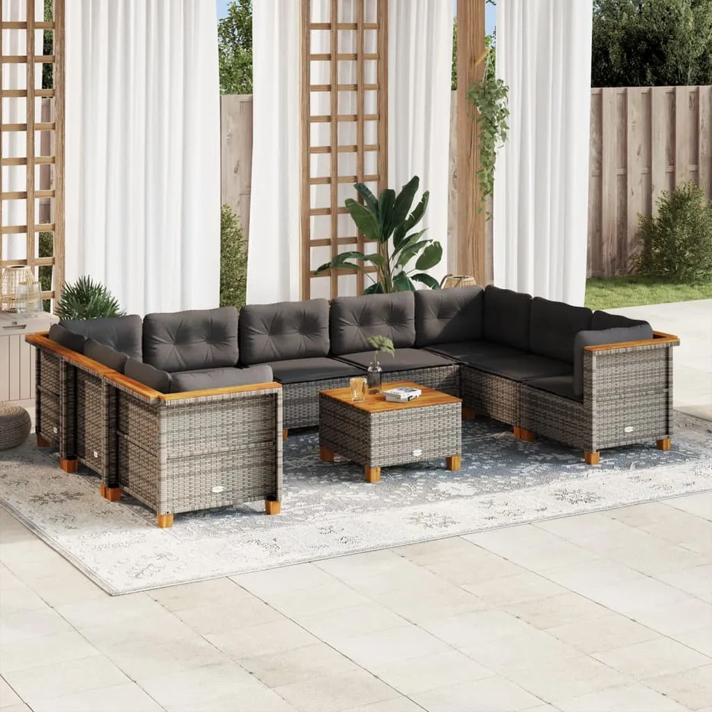 10 pcs conjunto sofás de jardim c/ almofadões vime PE cinzento
