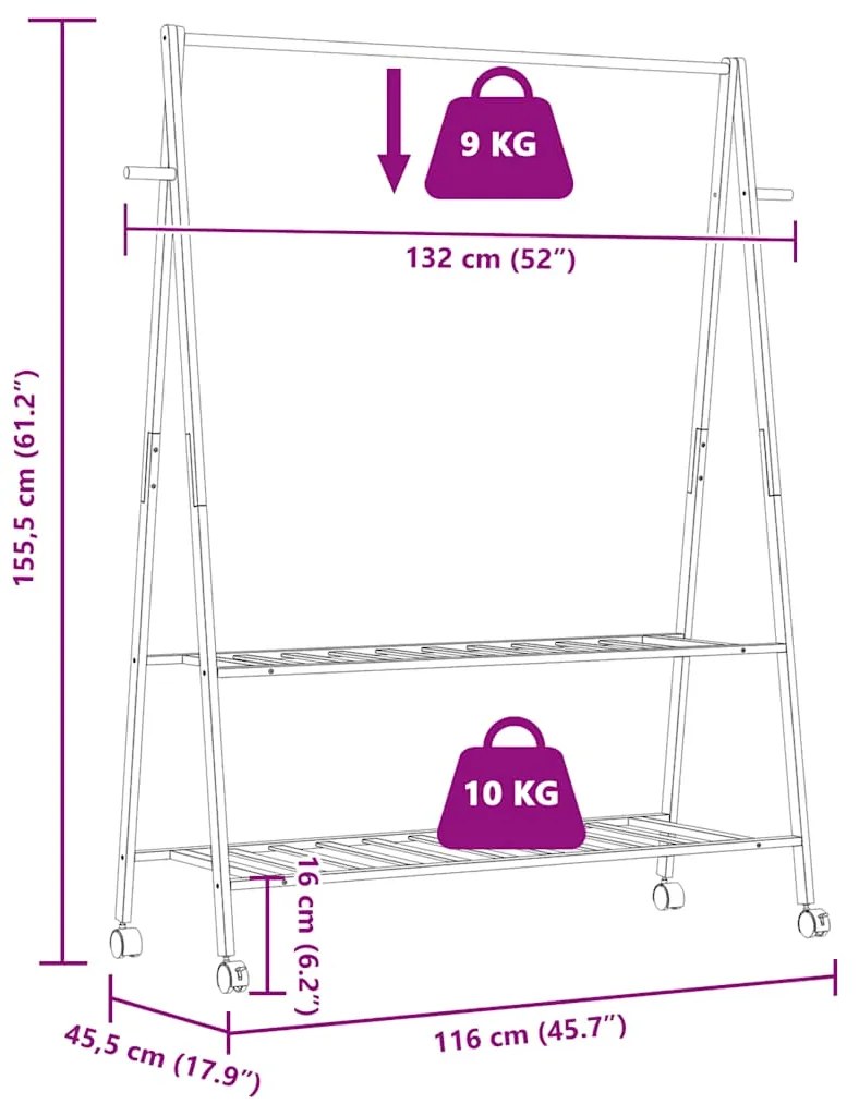 Cabide com prateleiras e rodas 132x45,5x155,5 cm bambu