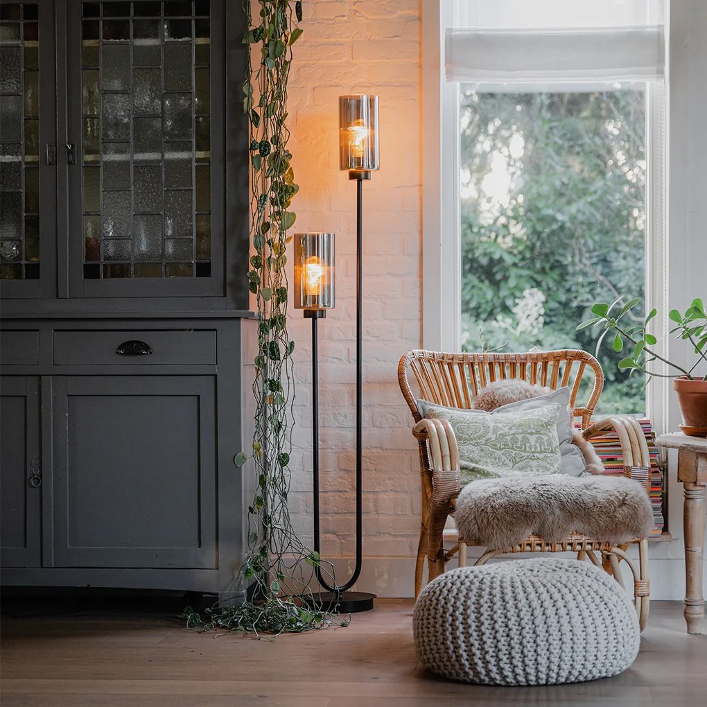 Candeeiro de pé inteligente preto com vidro fumê 2-luzes Incl. 2 Wifi ST64 - Laura