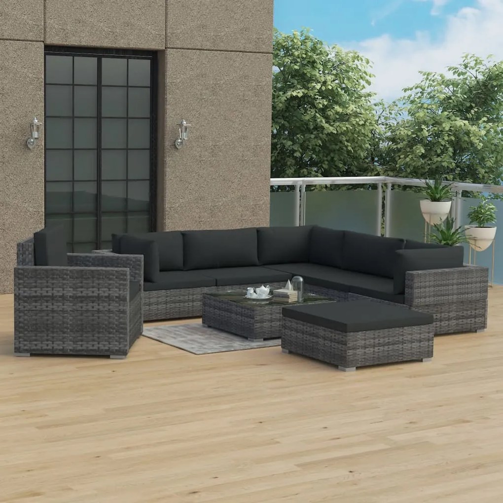 8 pcs conjunto lounge de jardim c/ almofadões vime PE cinzento
