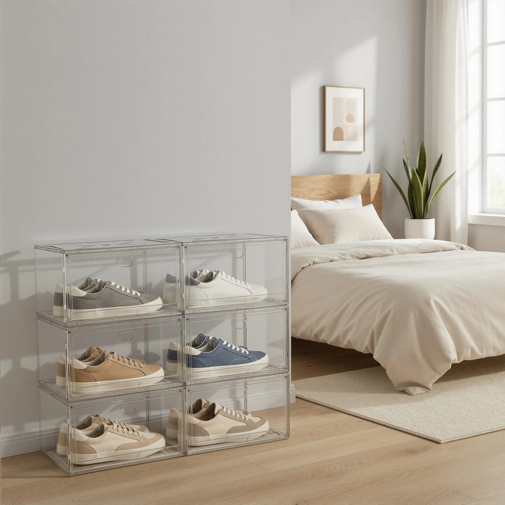 Conjunto de 6 caixas para sapatos, empilháveis com porta magnética, 36 x 27 x 21 cm transparente