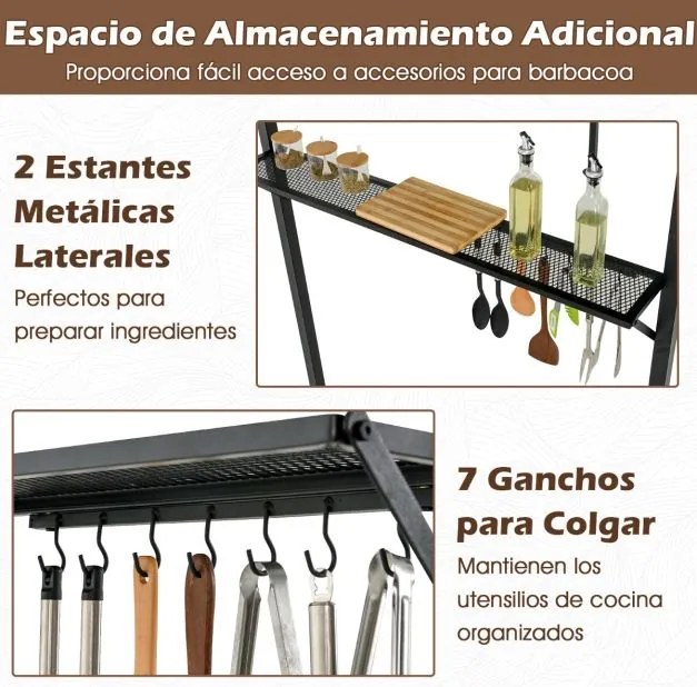 Tenda jardim para churrasqueira (NÃO INCLUIDA) de dois andares com 2 prateleiras e 7 ganchos, estrutura metálica e toldo flexível para jardim ou terra