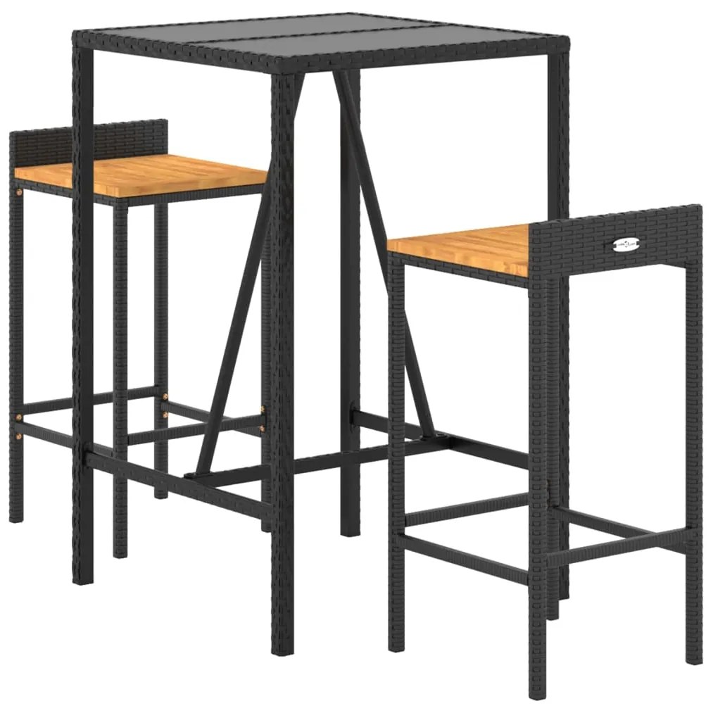 3 pcs conjunto de bar p/ jardim vime PE/acácia maciça preto