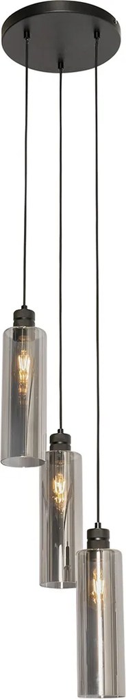 Candeeiro de suspensão moderno preto com vidro fumado 3 luzes - Stavelot