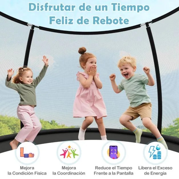 Trampolim exterior com escada Ø305 cm redondo para jardim com rede de segurança, cobertura de borda e estrutura metálica Preto