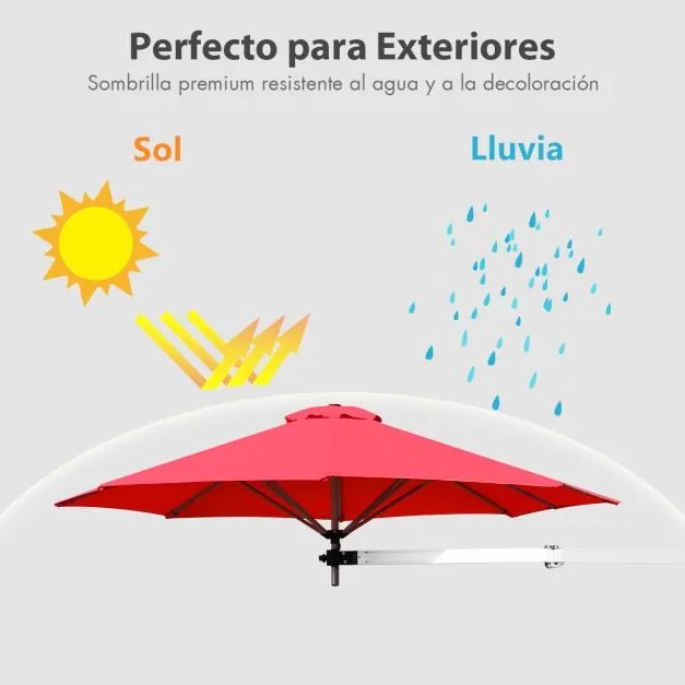 Guarda-sol montado na parede 250 cm x 184 cm com poste ajustável e inclinável resistente para jardim, varanda, pátio Vermelho