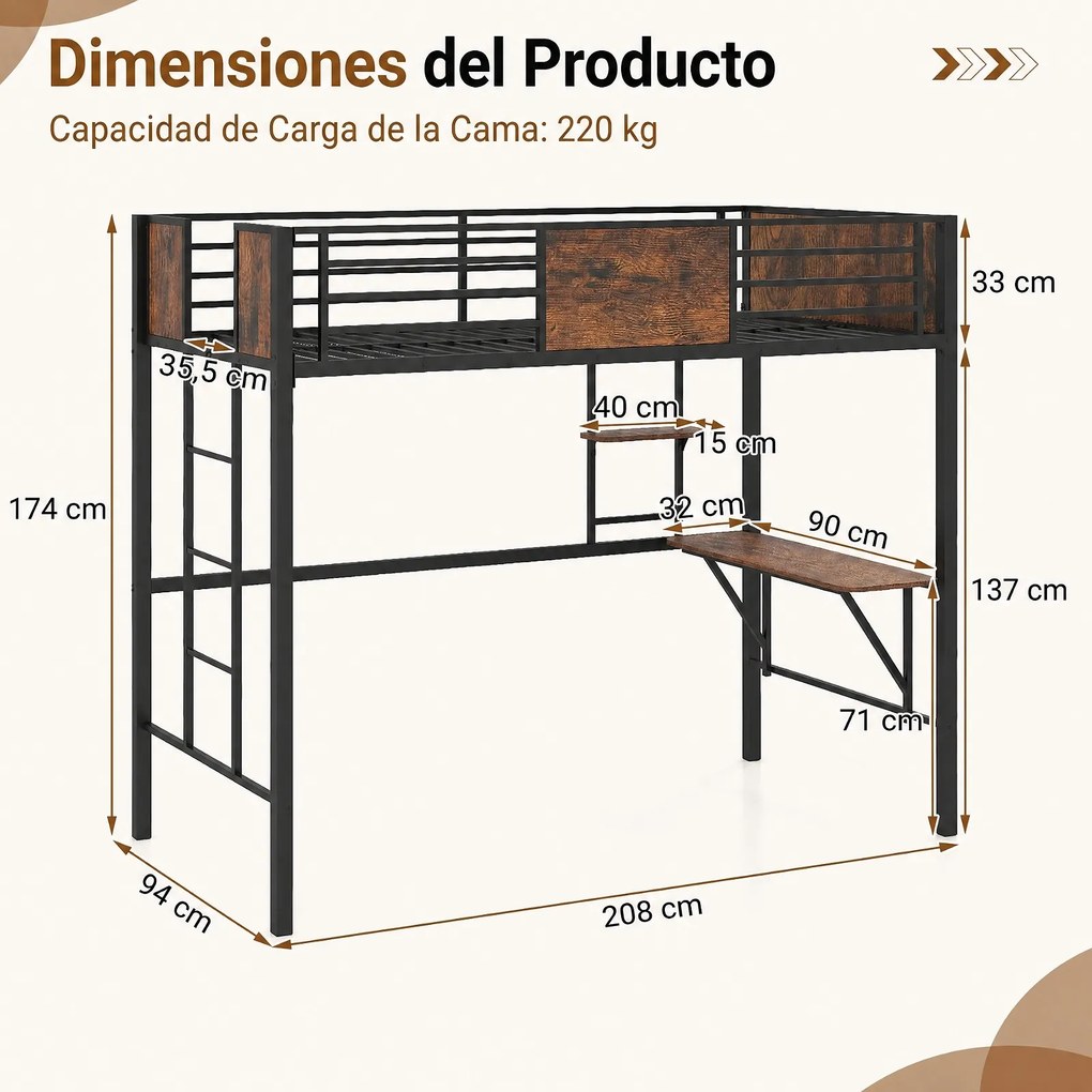 Cama infantil Alta com Secretária, 208 x 94 x 174 cm, Estrutura Metálica Reforçada, Castanho+Preto