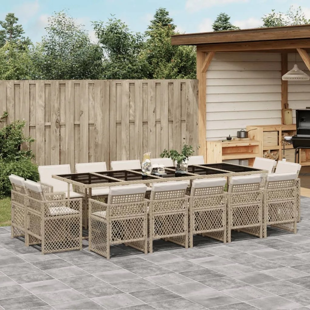 vidaXL 15 pcs conjunto de jantar p/ jardim com almofadões vime PE bege