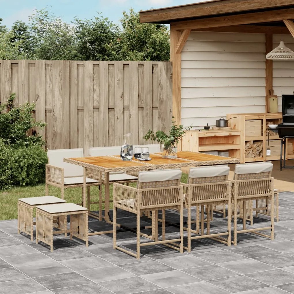 vidaXL 11 pcs conjunto de jantar p/ jardim com almofadões vime PE bege