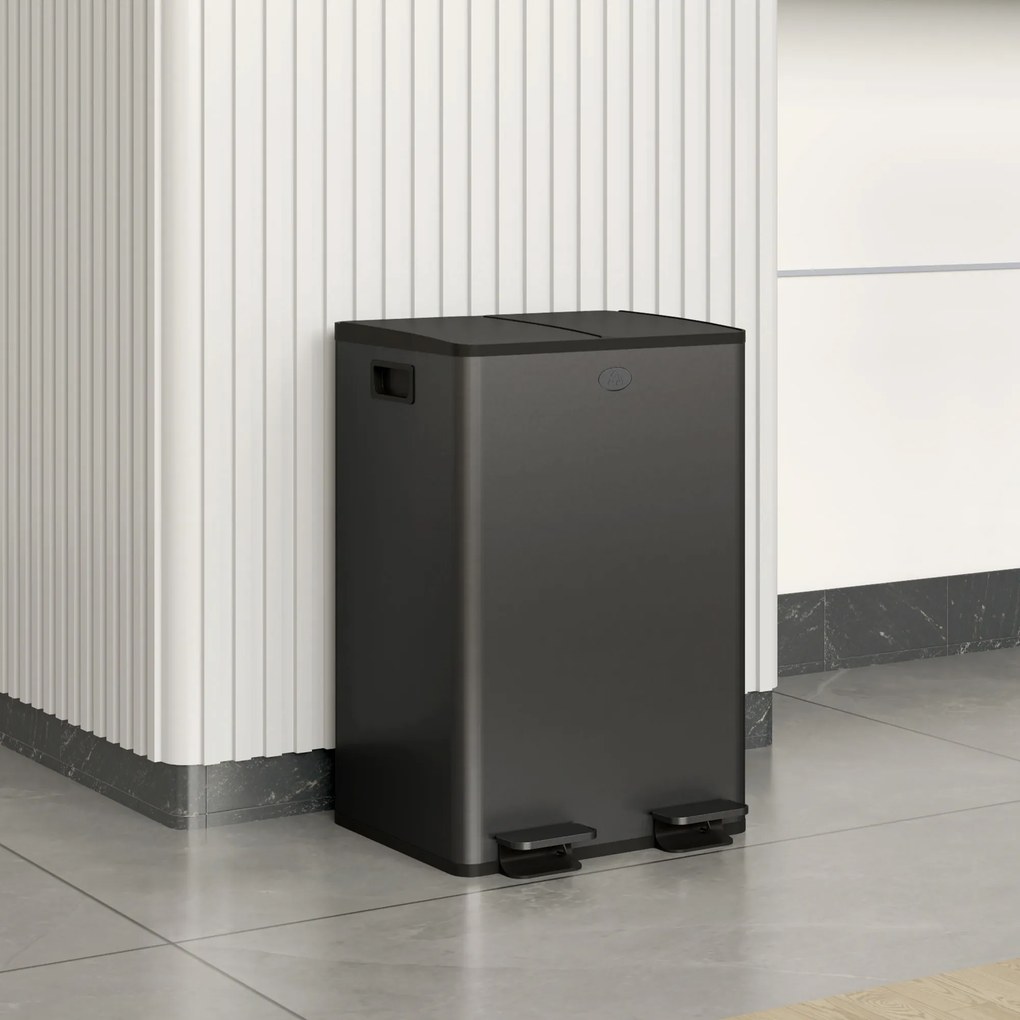 Caixote do lixo de cozinha 45,8 x 36 x 67,6 cm com 2 compartimentos de 2 x 28 L, aço inoxidável, tampa com fecho suave, preto