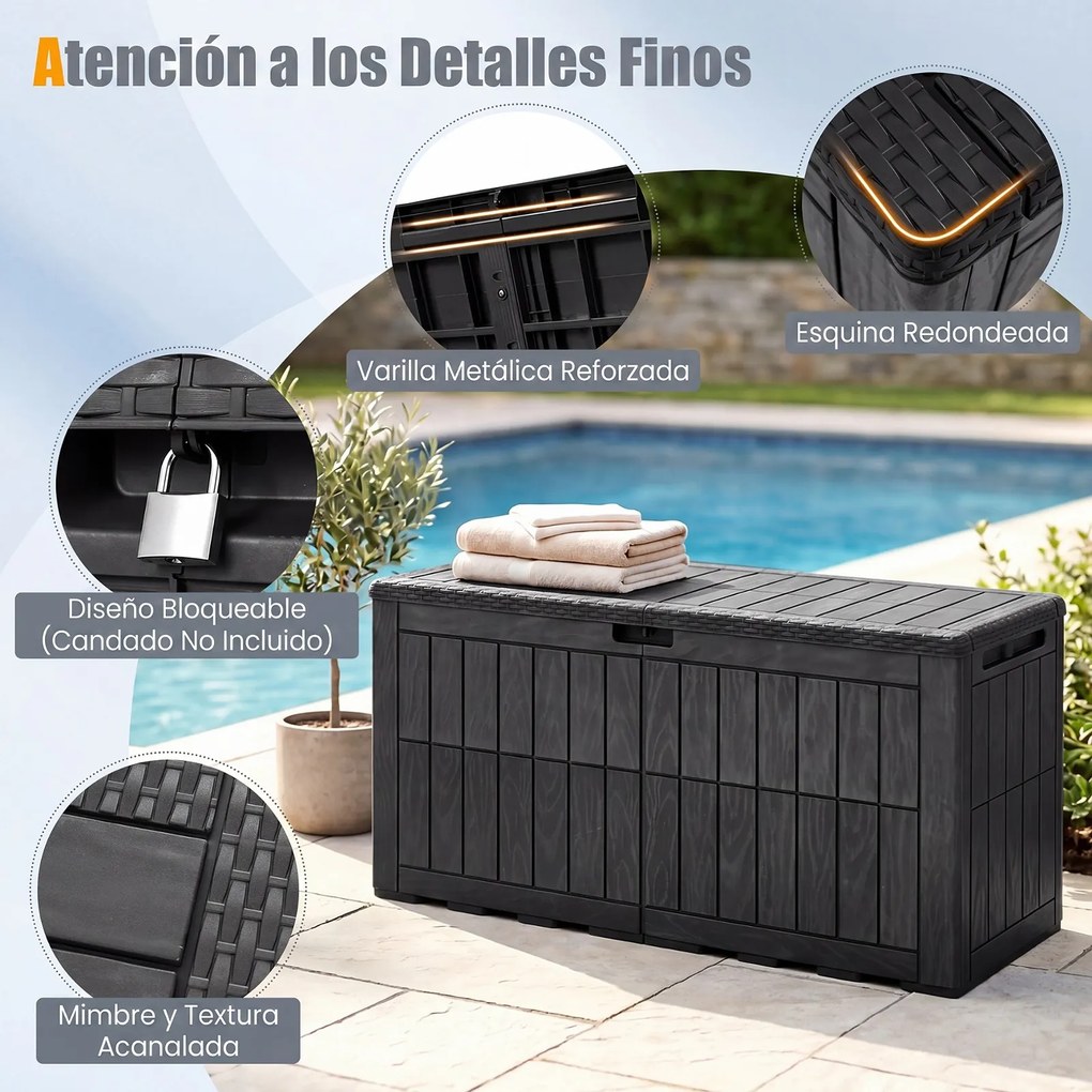 Baú de Arrumação Exterior, 121 x 53 x 61 cm, Função de Banco de Jardim, Preto