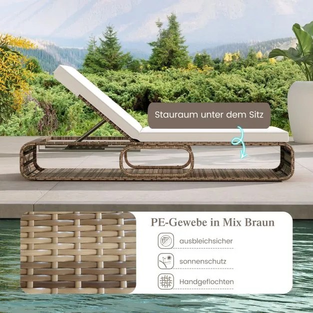 Espreguiçadeira de rattan para jardim com almofada e encosto ajustável, suporta até 180 kg Castanho misto + Branco