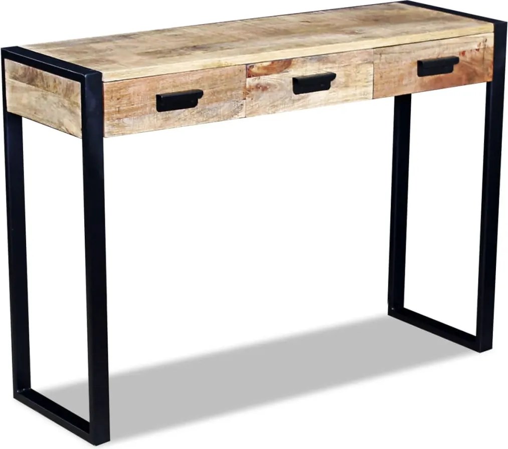 vidaXL Mesa apoio 3 gavetas madeira de mangueira sólida 110x35x78 cm