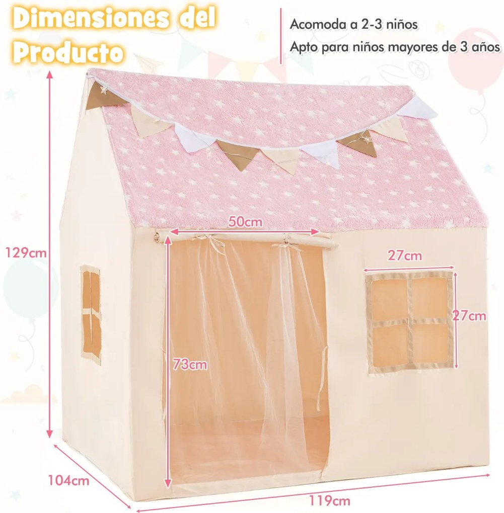 Tenda Casa para crianças infantil 119 x 104 x 129 cm com cortinas, janelas, luzes, bandeirinhas e tapete acolchoado interior rosa