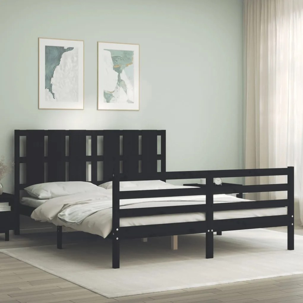 vidaXL Estrutura de cama King Size com cabeceira madeira maciça preto