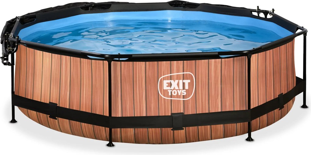Piscina redonda Wood ø300x76cm com bomba de filtragem e cobertura - Castanha