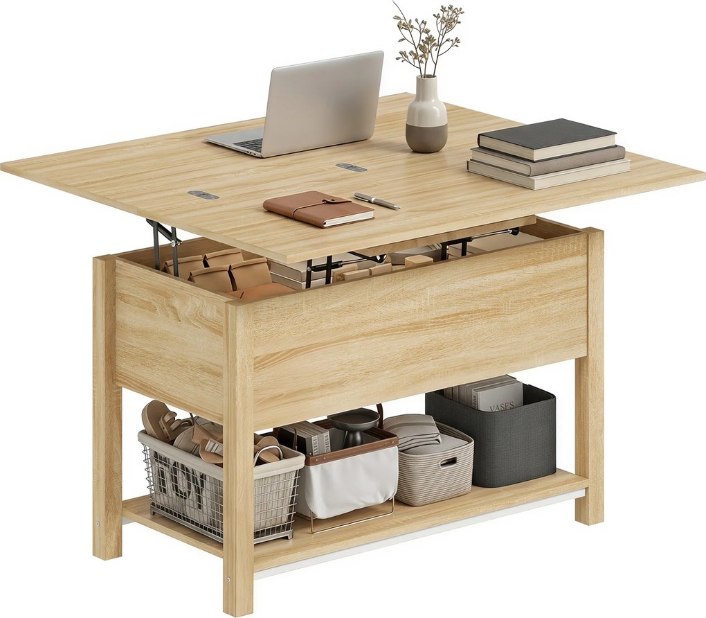Mesa de centro elevável e extensível, com compartimento oculto e prateleira aberta, 100 x 45 x 50,5 cm, em cor madeira natural