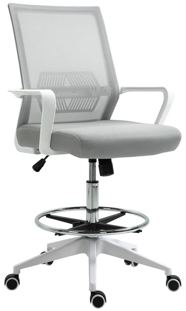 Vinsetto Cadeira de Escritório Alta com Assento Ajustável 64x59x104-124 cm Banco Giratório 360° Malha Respirável Cinza e Branco | Aosom Portugal