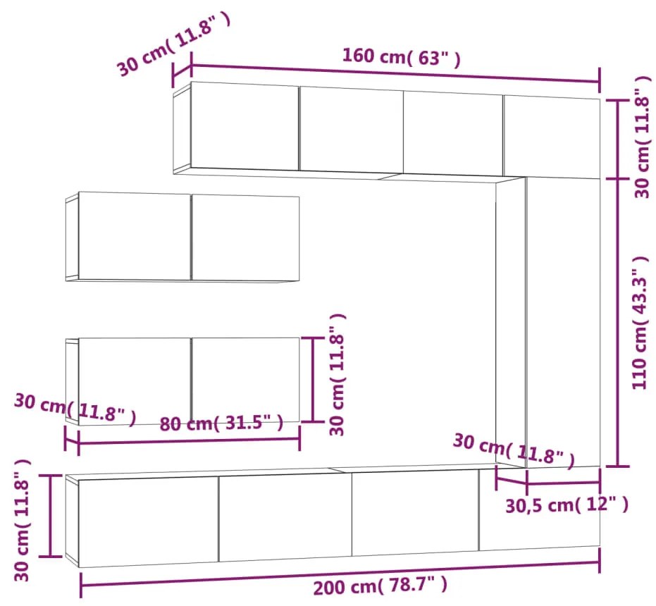 Conjunto móveis de TV 7 pcs madeira processada sonoma cinza