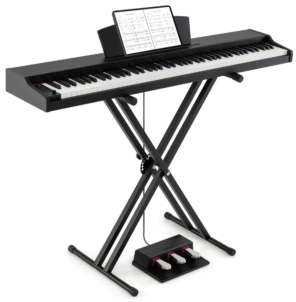 Piano digital de 88 teclas tamanho real com teclas semi-contrapesadas, altifalantes duplos, modo de teclado duplo e 3 pedais, suporte ajustável para p