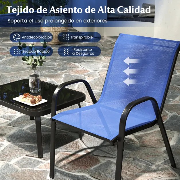 Conjunto de jardim exterior de 4 peças Mesa de café em vidro temperado Banco e 2 cadeiras individuais Tecido Textilene Mesa e cadeiras azuis