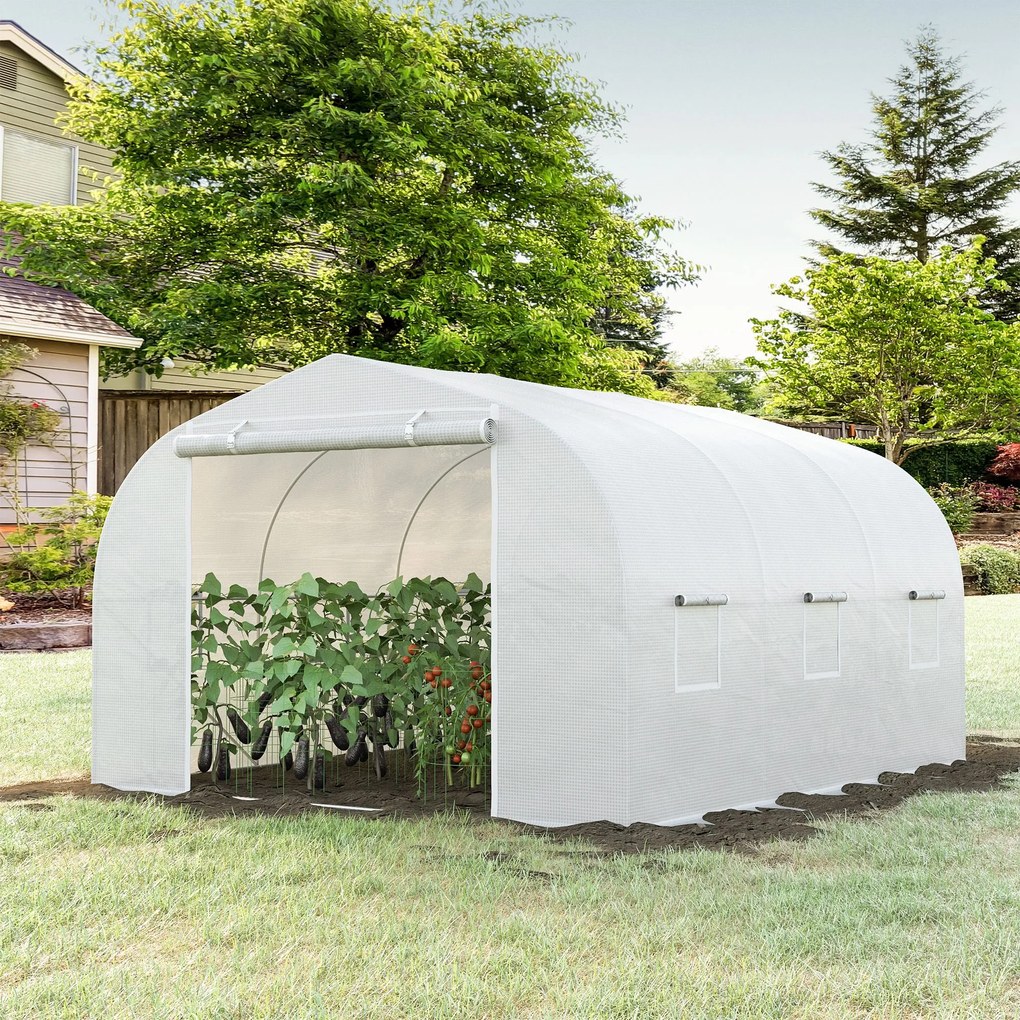 Estufa de jardim tipo túnel, dimensões: 3,5 m (L) x 3 m (C) x 2 m (A). Porta + 6 janelas enroláveis. Aço galvanizado e lona de PE de alta densidade, b
