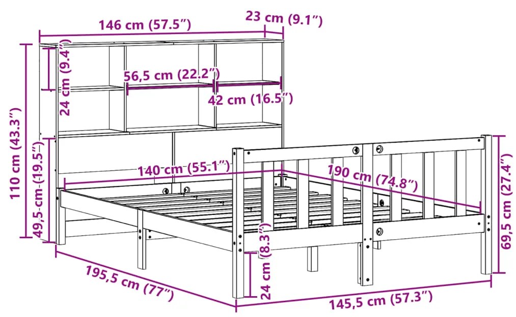 Cama com estante sem colchão 140x190 cm pinho maciço