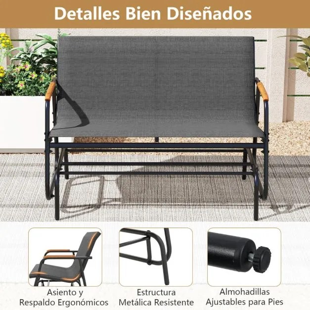 Banco baloiço deslizante para jardim Assento para 2 pessoas com braços curvos em teca Assento respirável Estrutura em metal
