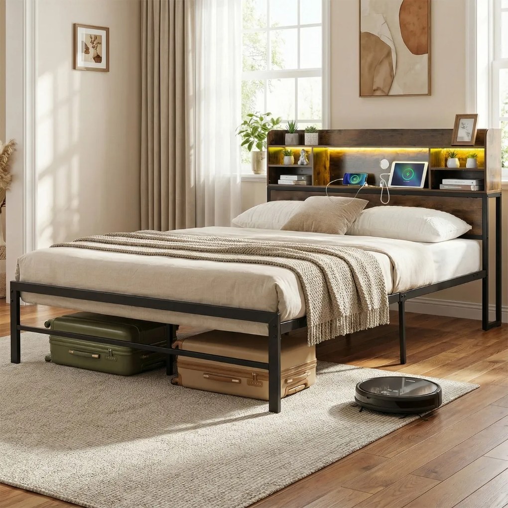 Estrutura cama 200 x 140 cm (COLCHÃO NÃO INCLUIDO) com Luzes LED e Estação de Carregamento 16 Cores 4 Modos Castanho Rústico e Preto