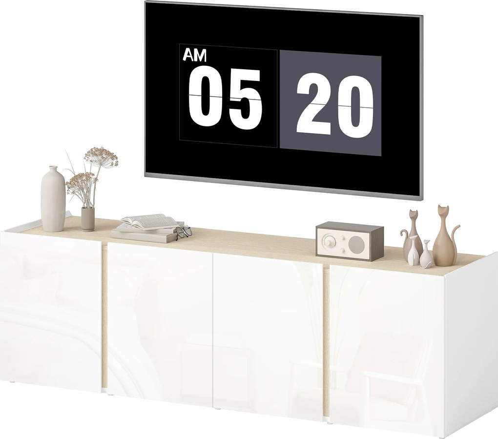 Móvel para televisão com 4 portas com fecho amortecido, prateleira ajustável e passagem para cabos, 135 x 38 x 45 cm, branco