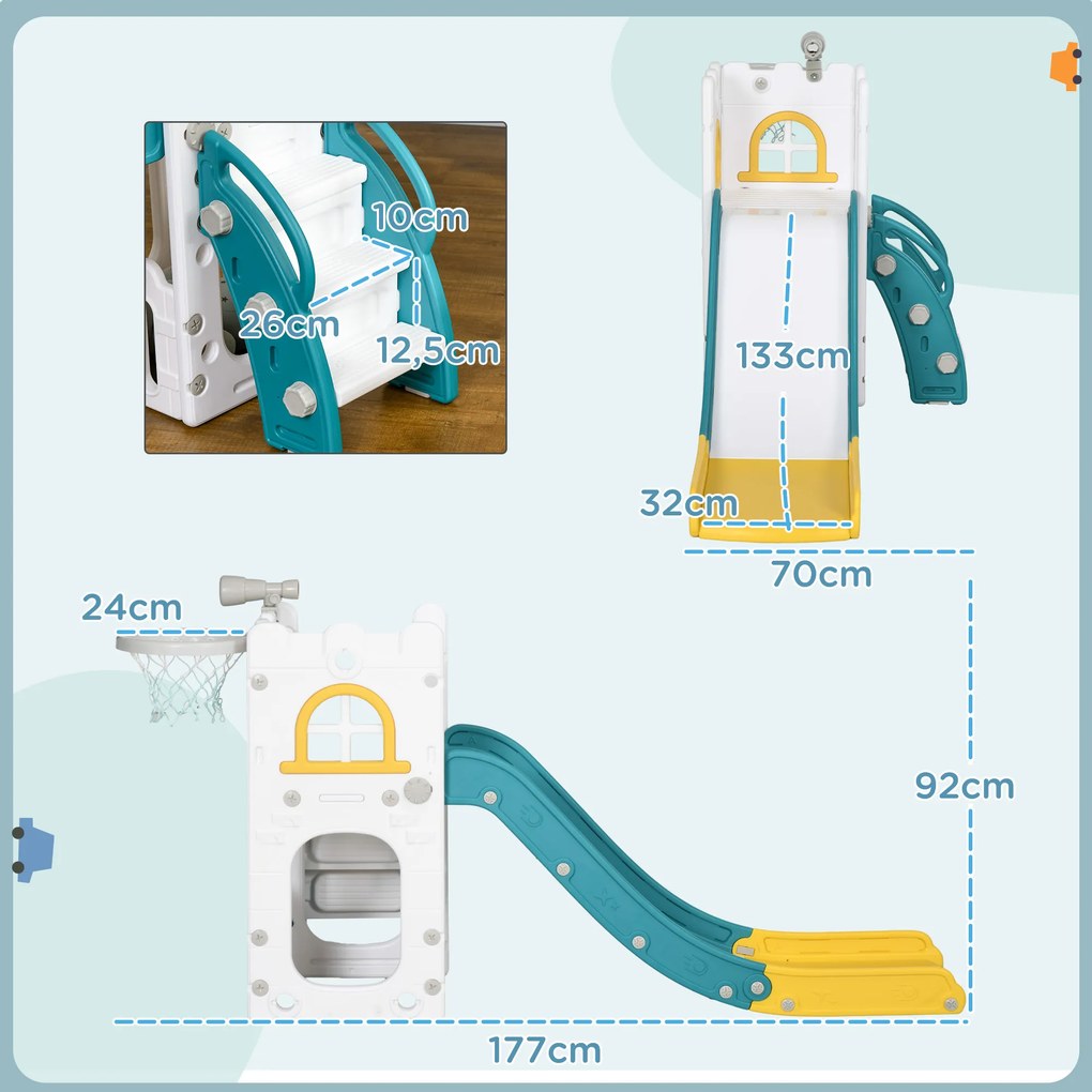 Escorrega Infantil 4 em 1 para Crianças com Cesto de Basquetebol Telescópio Escalador e Espaço de Arrumação 70x177x92 cm Amarelo e Verde