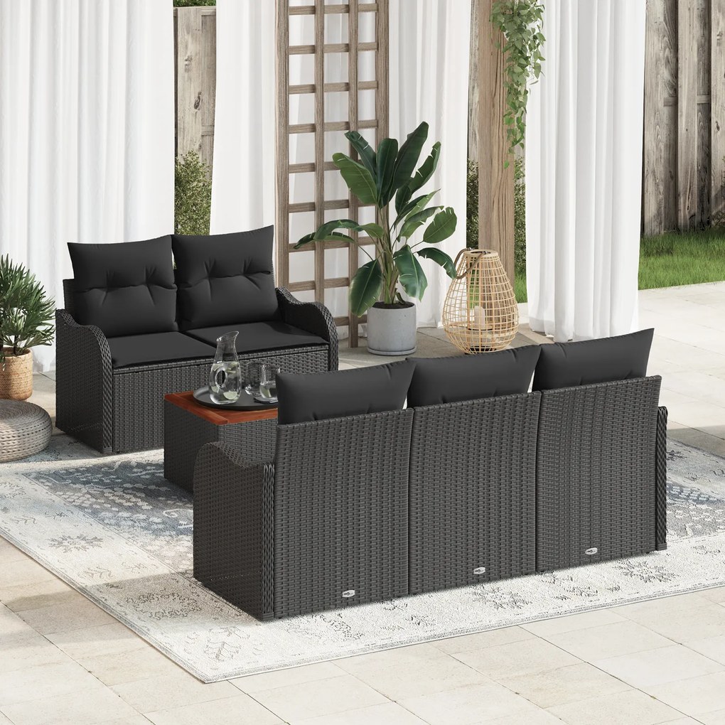 Conjunto de Sofá de Jardim de 6 Peças com Almofadas Preto Rattan Sinté