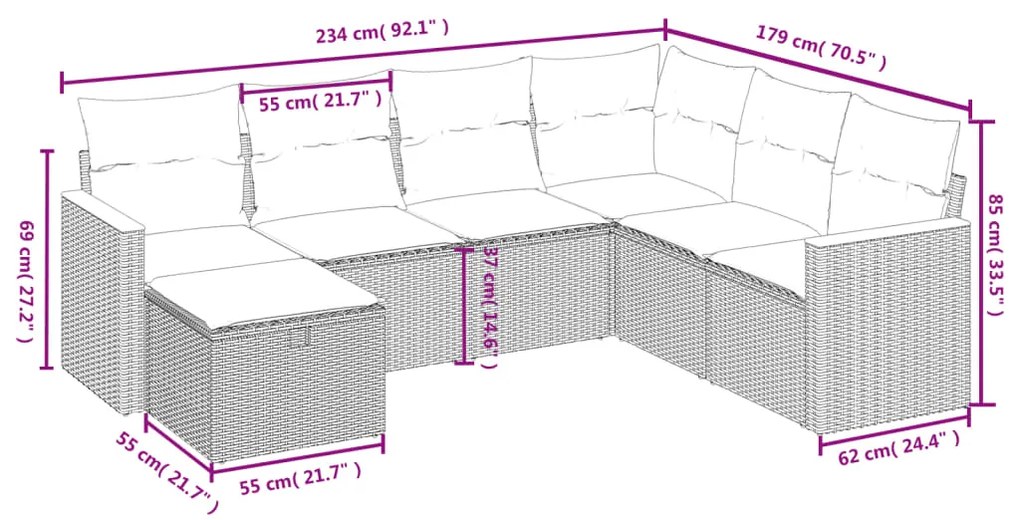7 pcs conjunto de sofás p/ jardim c/ almofadões vime PE preto