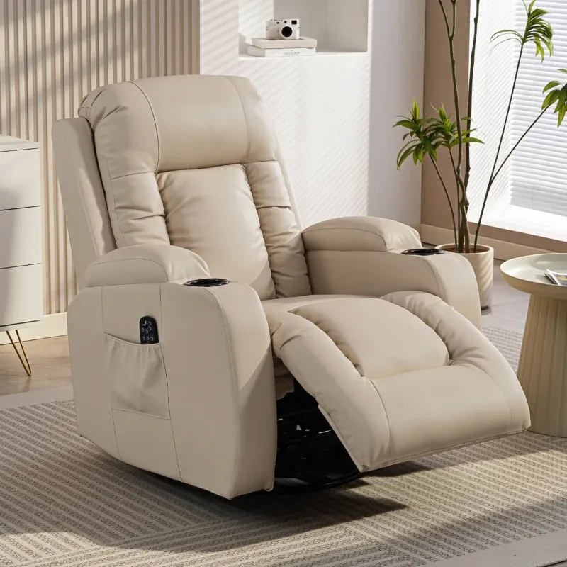 Poltrona de Massagem Reclinável até 145° com 8 Pontos de Massagem por Vibração Função de Aquecimento 82x99x103 cm Creme