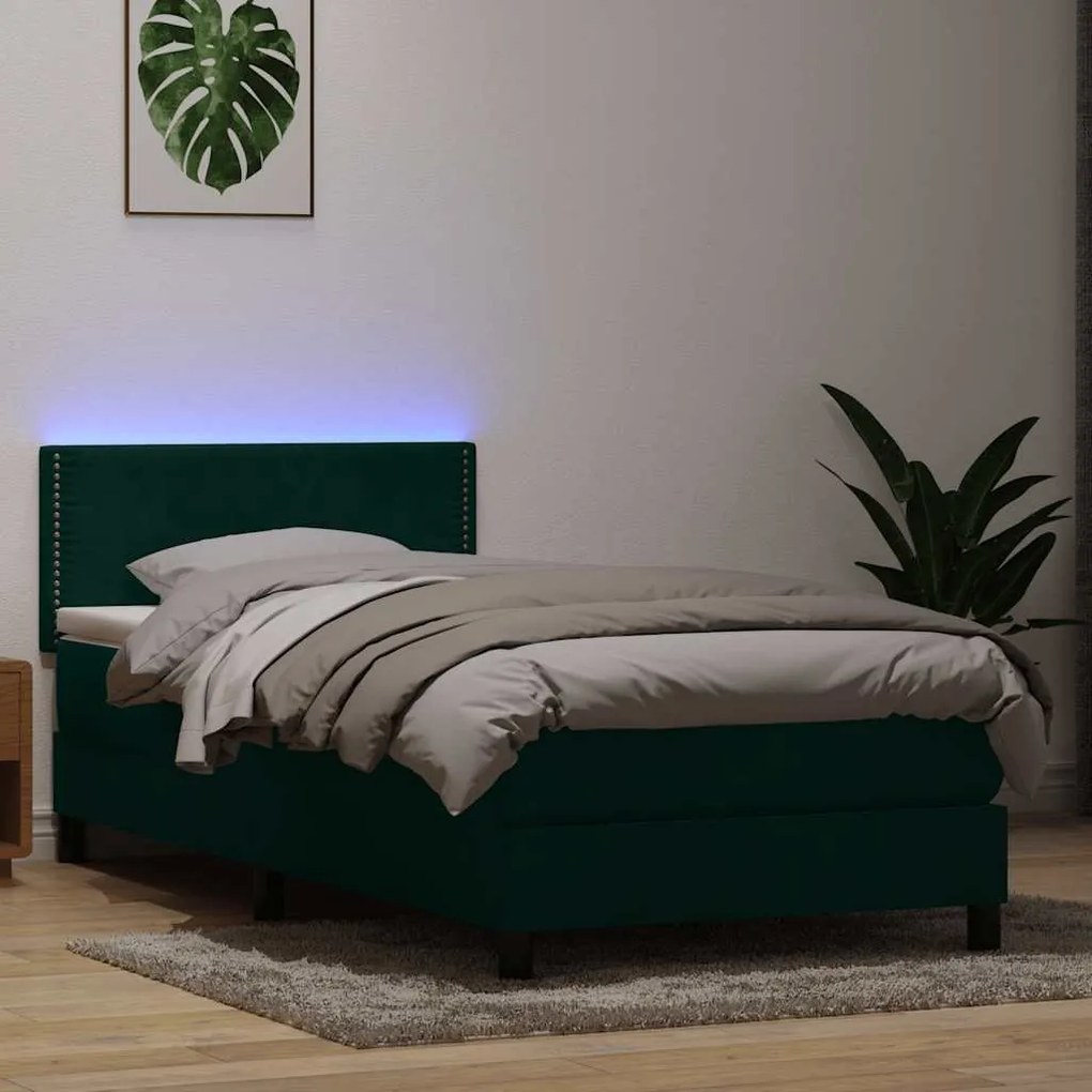 vidaXL Cama box spring c/ colchão e LED verde-escuro 80x210 cm veludo