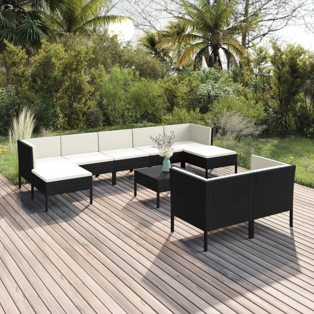 vidaXL 10 pcs conjunto lounge de jardim c/ almofadões vime PE preto