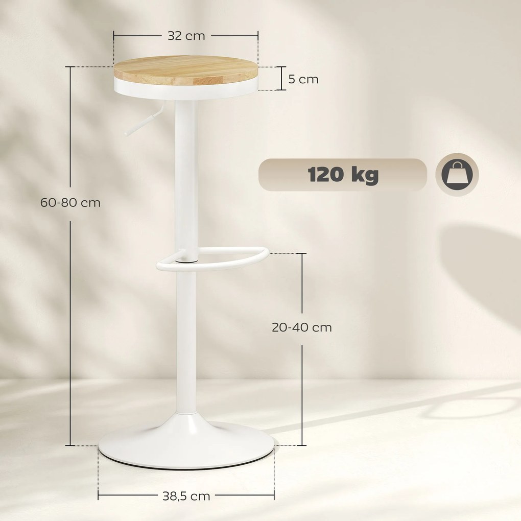 Conjunto de 2 Bancos de Bar Giratórios Bancos Altos de Cozinha com Descanso para Pés 38,5x38,5x60-80 cm Madeira e Branco