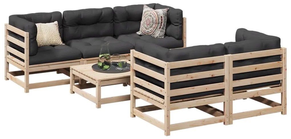 6 pcs conjunto de sofás de jardim c/ almofadões pinho maciço