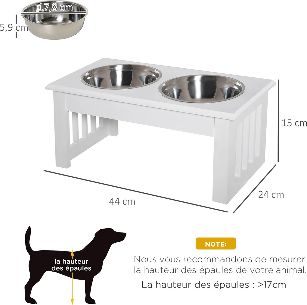 Comedouro elevados para cães e gatos, comedouro duplo, suporte elevado com dimensões 44 x 24 x 15 cm, inclui 2 comedouros de 0,9 L em aço inoxidável,
